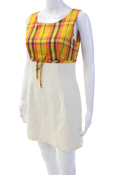 Trina Turk Womens Textured Scoop Neck Sleeveless Plaid Fitted Dress Nude Size 04