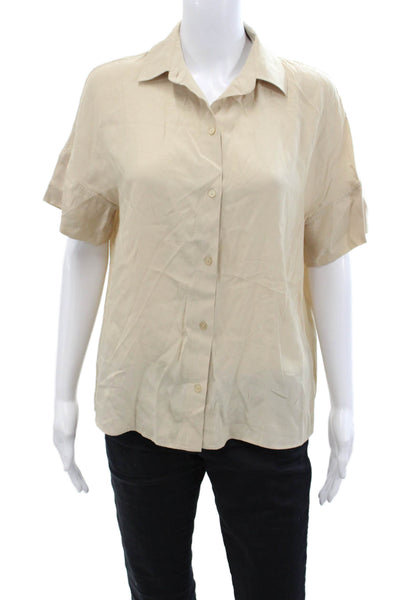 Massimo Dutti Womens Satin Short Sleeve Buttoned Collared Blouse Beige Size 2