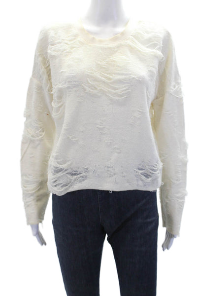IRO Jeans Womens Textured Long Sleeve Round Neck Distressed Top White Size XS