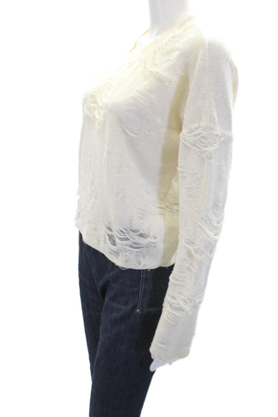 IRO Jeans Womens Textured Long Sleeve Round Neck Distressed Top White Size XS