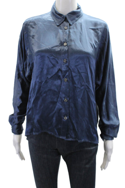 Pharaoh Womens Button Front Long Sleeve Collared Striped Satin Shirt Blue Large