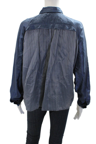 Pharaoh Womens Button Front Long Sleeve Collared Striped Satin Shirt Blue Large
