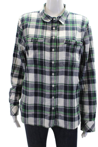 The Shirt Womens Button Front Collared Plaid Shirt White Navy Green Size Large