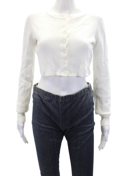 Guizio Womens Button Front Crew Neck Cardigan Sweater White Cotton Size XS/S