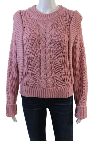 English Factory Womens Cable Knit Ruffled Sweater Pink Cotton Size Medium