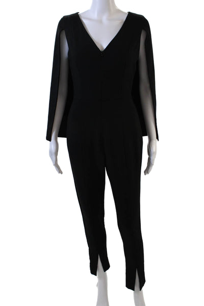 Black Halo Womens V-Neck Full Front Zipped Sleeveless Back Cape Jumpsuit Black 2