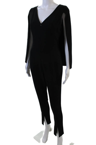 Black Halo Womens V-Neck Full Front Zipped Sleeveless Back Cape Jumpsuit Black 2