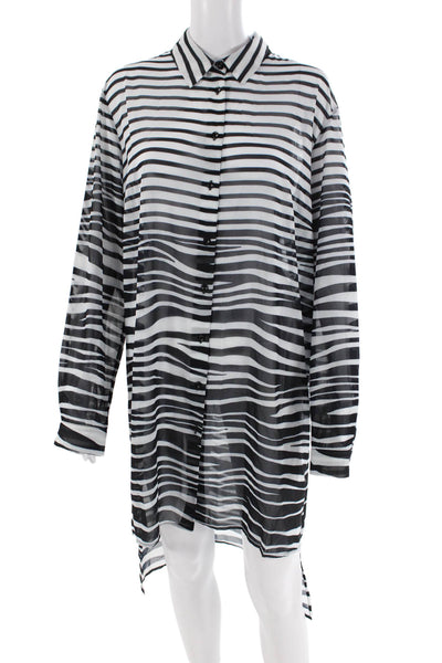 Gottex Womens Striped Collared Long Sleeve Button Up Shirt Dress Black Size L