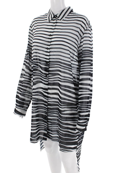 Gottex Womens Striped Collared Long Sleeve Button Up Shirt Dress Black Size L