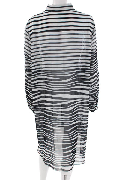 Gottex Womens Striped Collared Long Sleeve Button Up Shirt Dress Black Size L