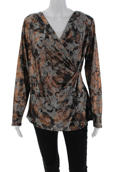Nic + Zoe Womens Metallic Floral Long Sleeve Knit Blouse Top Gray Size L