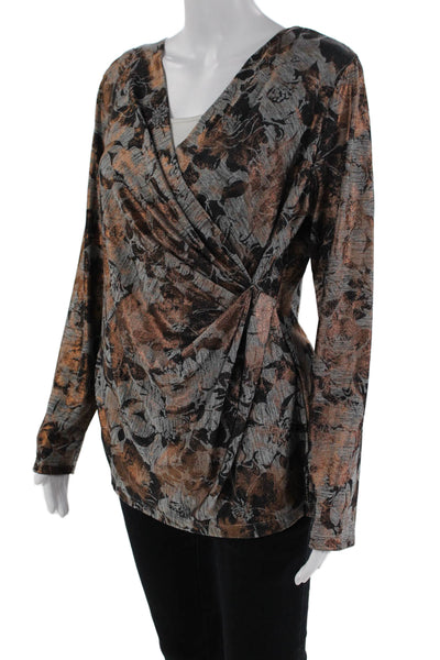 Nic + Zoe Womens Metallic Floral Long Sleeve Knit Blouse Top Gray Size L