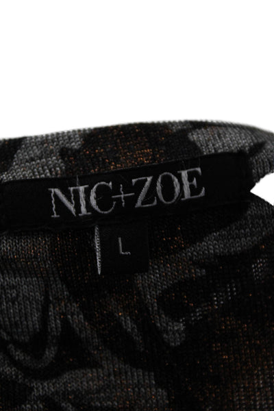 Nic + Zoe Womens Metallic Floral Long Sleeve Knit Blouse Top Gray Size L