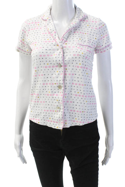 Roller Rabbit Womens Button Front Collared Logo Pajama Shirt White Pink Size 2XS