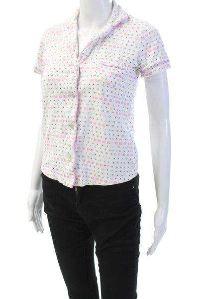 Roller Rabbit Womens Button Front Collared Logo Pajama Shirt White Pink Size 2XS