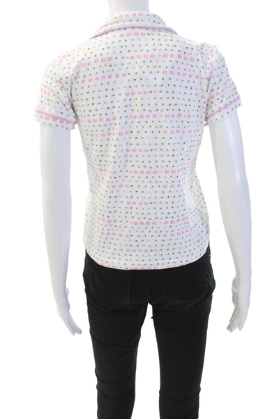 Roller Rabbit Womens Button Front Collared Logo Pajama Shirt White Pink Size 2XS