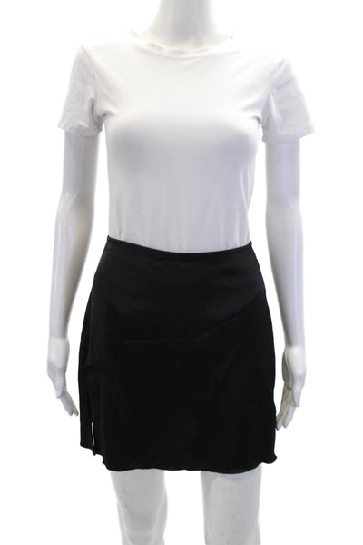 Guizio Womens Back Zip Front Slit Satin Mini Skirt Black Size Small