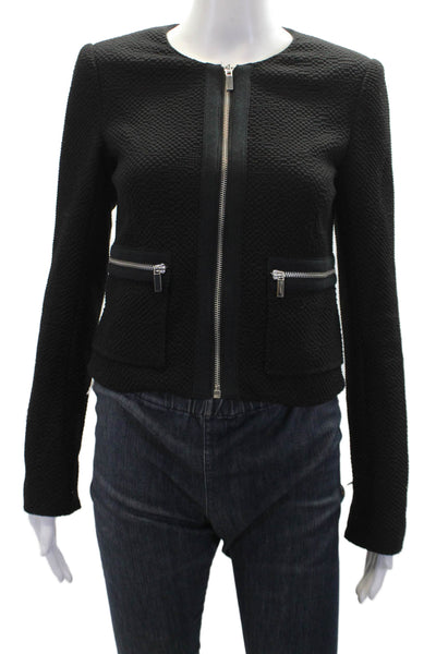 Elizabeth and James Womens Textured Round Neck Zip Up Jacket Black Size 0