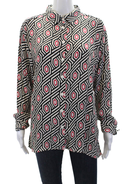 Wild Pony Womens Geometric Print Long Sleeve Button-Down Shirt White Size M