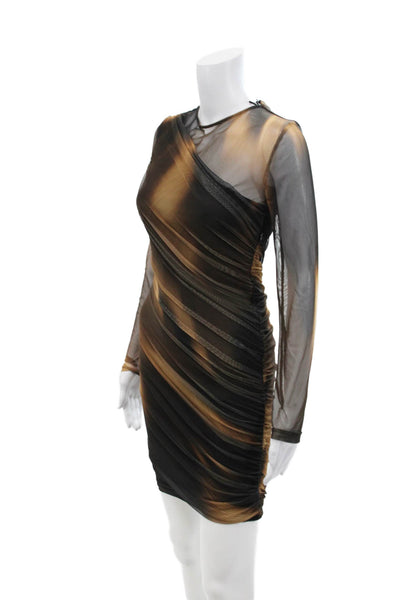 Zara Womens Sheer Rouched Overlay Detail Long Sleeve Mini Dress Brown Size S