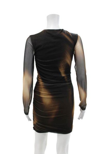 Zara Womens Sheer Rouched Overlay Detail Long Sleeve Mini Dress Brown Size S