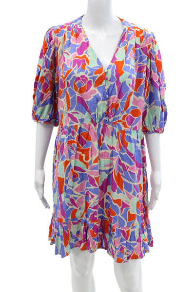 FRNCH Womens Abstract Floral Print V-Neck Puff Sleeve Dress Multicolor Size XS