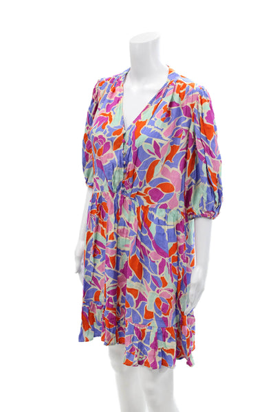 FRNCH Womens Abstract Floral Print V-Neck Puff Sleeve Dress Multicolor Size XS