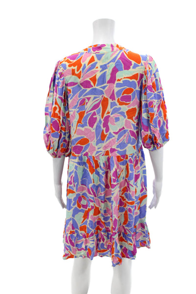 FRNCH Womens Abstract Floral Print V-Neck Puff Sleeve Dress Multicolor Size XS