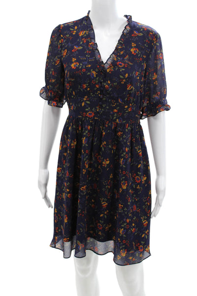 Madewell Womens Floral Print V Neck A Line Dress Blue Multi Colored Size 2