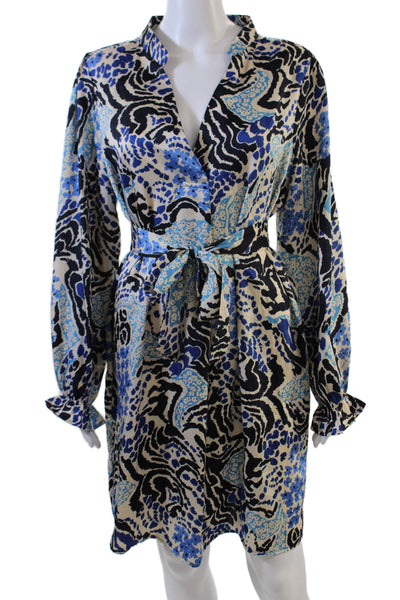 AK Anna Kay Womens Satin Abstract Floral Waist Tied Shift Dress Blue Size L