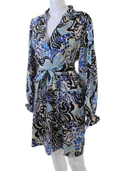 AK Anna Kay Womens Satin Abstract Floral Waist Tied Shift Dress Blue Size L