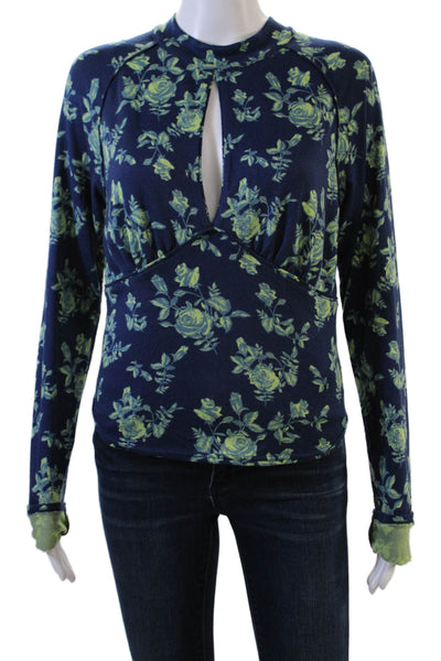 Free People Womens Cropped Floral Print Keyhole Neck Long Sleeve Top Blue Size M