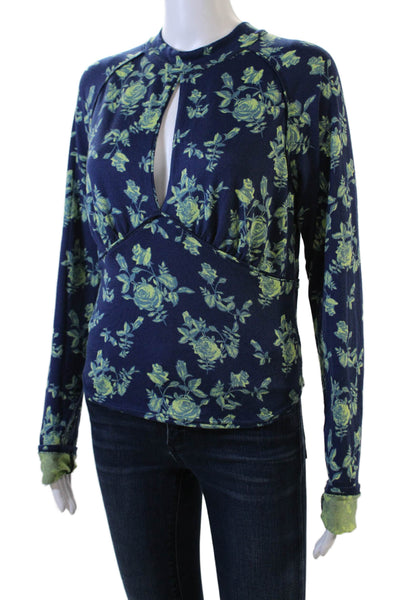 Free People Womens Cropped Floral Print Keyhole Neck Long Sleeve Top Blue Size M