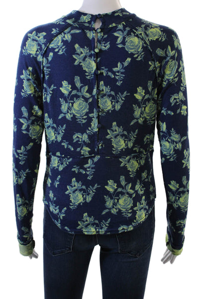 Free People Womens Cropped Floral Print Keyhole Neck Long Sleeve Top Blue Size M