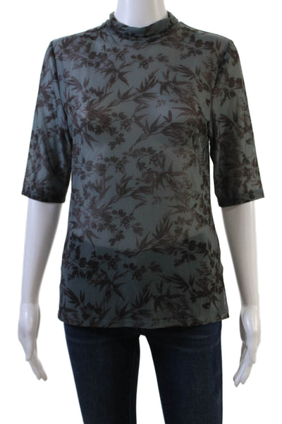 Anthropologie Womens Sheer Short Sleeve Turtleneck Floral Print Top Gray Size M