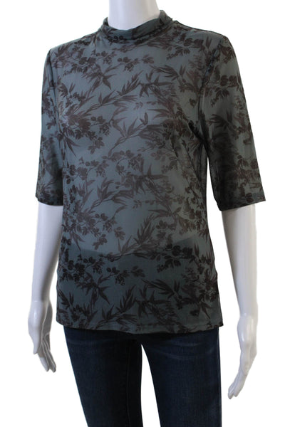 Anthropologie Womens Sheer Short Sleeve Turtleneck Floral Print Top Gray Size M
