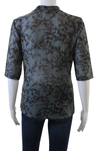 Anthropologie Womens Sheer Short Sleeve Turtleneck Floral Print Top Gray Size M