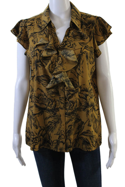 Calvin Klein Womens Floral Ruffled Trim Detail Buttoned Blouse Brown Size M