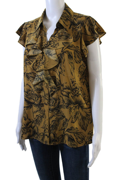 Calvin Klein Womens Floral Ruffled Trim Detail Buttoned Blouse Brown Size M