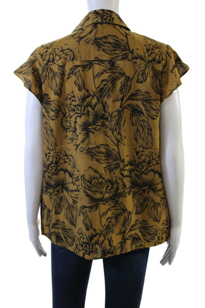 Calvin Klein Womens Floral Ruffled Trim Detail Buttoned Blouse Brown Size M