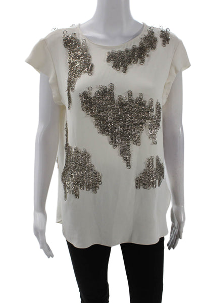 Tre Womens Back Zip Short Sleeve Crew Neck Silk Embellished Top White Size 2