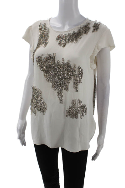 Tre Womens Back Zip Short Sleeve Crew Neck Silk Embellished Top White Size 2