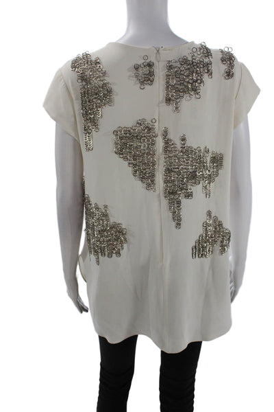Tre Womens Back Zip Short Sleeve Crew Neck Silk Embellished Top White Size 2