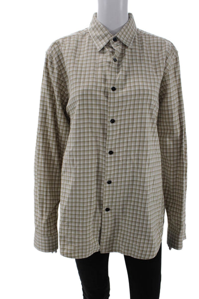 Theory Womens Cotton Long Sleeve Plaid Printed Button Up Top Nude Size M