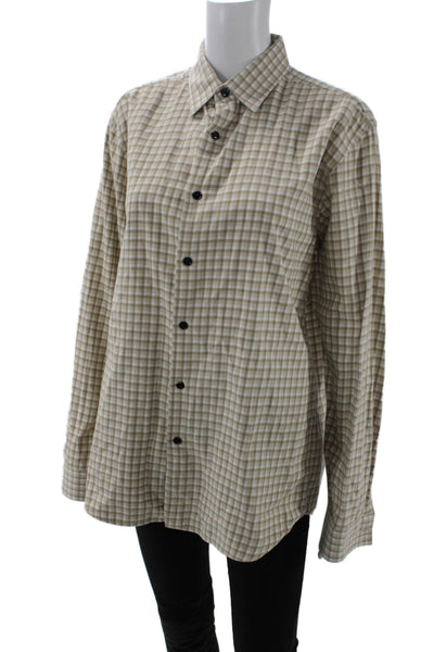 Theory Womens Cotton Long Sleeve Plaid Printed Button Up Top Nude Size M