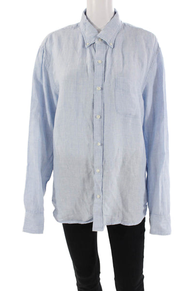 J Crew Womens Linen Plaid Collared Long Sleeve Button Up Blouse Top Blue Size L