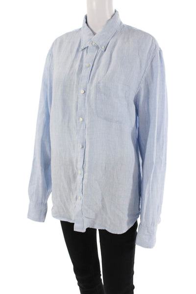 J Crew Womens Linen Plaid Collared Long Sleeve Button Up Blouse Top Blue Size L