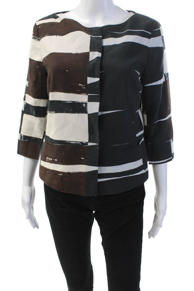 Akris Punto Womens Button Up 3/4 Sleeve Abstract Jacket White Brown Navy Size 10