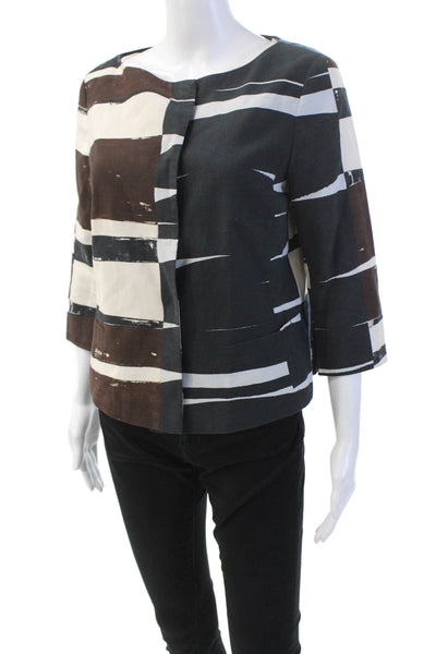 Akris Punto Womens Button Up 3/4 Sleeve Abstract Jacket White Brown Navy Size 10