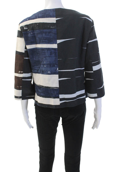 Akris Punto Womens Button Up 3/4 Sleeve Abstract Jacket White Brown Navy Size 10